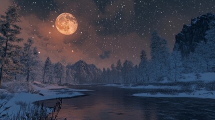 Wall Mural - winter night with starry sky and full moon illuminating a snow-covered landscape, featuring tranquil