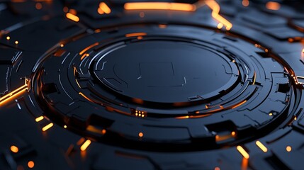 A futuristic, abstract design featuring dark surfaces and glowing orange lines, suggesting technology.