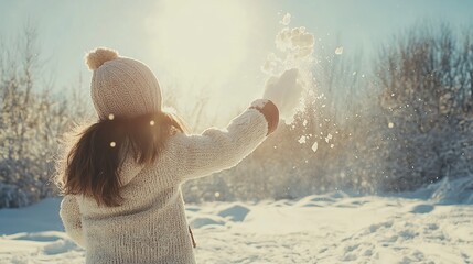 Joyful young girl throwing snow into the air on a bright sunny winter day, capturing the essence of winter play and outdoor fun against a beautiful snowy landscape