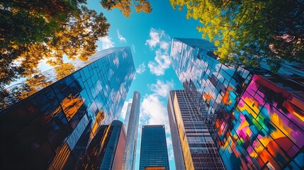 Futuristic skyscrapers stretch towards the heavens, while bold, colorful graffiti murals energize the street below, blending modern design with urban art