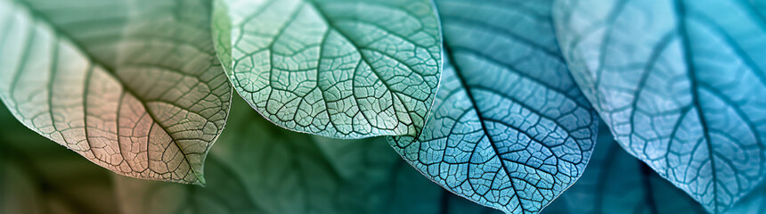 Wall Mural - a close up of transparent leaf veins in various shades of green and blue, with soft lighting creatin