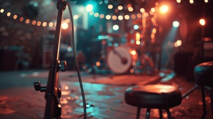 A music stage set for a live performance with a drum set, microphone stand, warm lighting, and empty chairs, hinting at an upcoming concert.