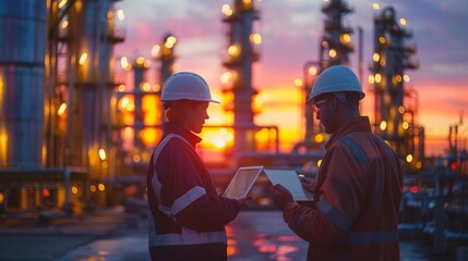 Two people in safety gear discuss with a tablet in an industrial oil and gas setting at sunset. The picture shows a large plant with towers, painted sky.