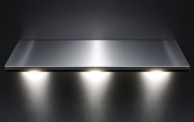 A sleek metallic shelf with three spotlights illuminating its surface against a dark background.