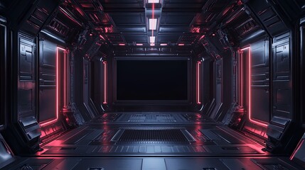 A futuristic corridor with metallic walls and neon lighting, suggesting a sci-fi environment.