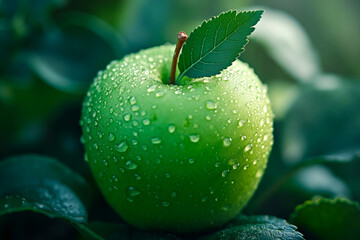 A green apple with water droplets on it sitting on a leaf