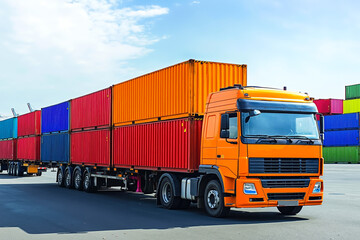 A large orange truck with many containers on the back of it