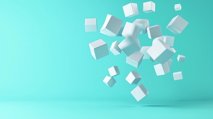 An abstract arrangement of white 3D cubes on a blue background.