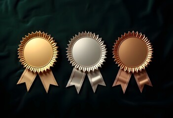 three blank gold, silver, and bronze badges with detailed ribbons, each badge reflecting light, isolated on a dark green velvet background create with ai