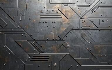 A textured metal surface with geometric patterns and industrial design elements.