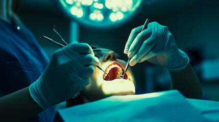 Poster - A dentist, wearing gloves, carefully examines a patient's mouth using dental instruments while bright surgical lights illuminate the area. The atmosphere is focused and professional.