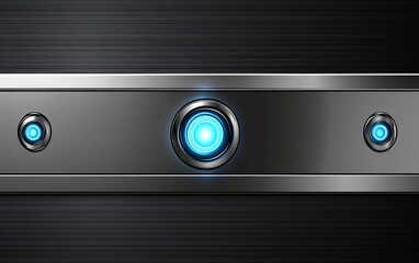 a sleek metallic panel with three glowing blue buttons, suggesting a futuristic interface design.