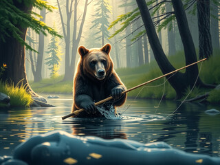 Canvas Print - A bear is fishing in a river with a fishing pole. The bear is in a forest setting