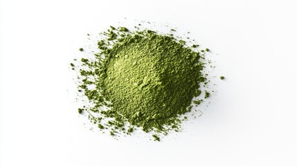 A mound of green powder on a white background, likely a natural supplement or ingredient.