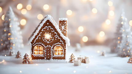 Sticker - Christmas gingerbread house decoration on white background of defocused golden lights. Hand decorated.