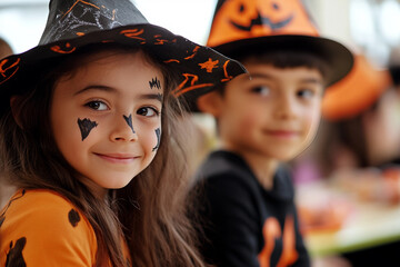 Wall Mural - ai generated photo of children in day of the dead costumes participating in a school event