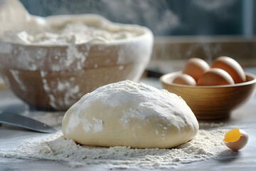 Poster - A dough is sitting on a table with a bowl of flour and a bowl of eggs. The dough is covered in flour and looks ready to be baked