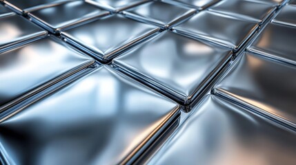 Abstract metallic rhombus tiles overlapping at different angles, creating a reflective depth illusion with smooth edges and high shine