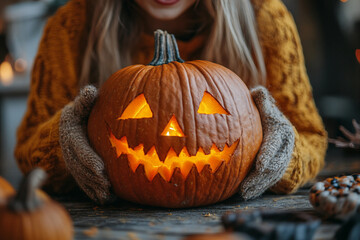 Generative AI photo of funny halloween pumpkins outdoors horror autumn night decor