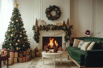 Wall Mural - Stylish christmas living room interior with green sofa, white chimney, christmas tree and wreath, stars, gifts and decoration. Family time. Template, Generative AI