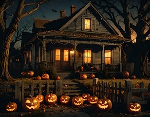 Decorated house with halloween pumpkins	