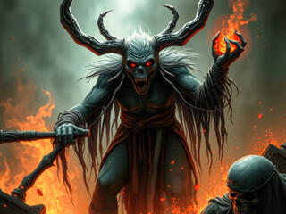 Poster - A demon with horns and a skull on its face is holding an apple in its hand. The demon is surrounded by fire, and there are other figures in the background. Scene is dark and ominous