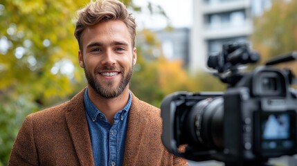 Fashionably dressed in a brown coat, a man with a friendly smile poses next to his camera in an urban setting, embodying confidence and creativity.