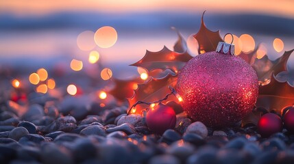 A festive arrangement of glittering ornaments and holly leaves on pebbles, illuminated by soft lights.