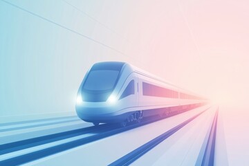 A minimalist train glides effortlessly along a set of tracks, headed towards a radiant light, representing speed and modernity. Generative AI