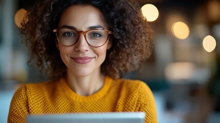 Wall Mural - A woman with curly hair and glasses is smiling while holding a tablet. She is wearing a warm yellow sweater, creating a cozy and inviting atmosphere indoors.