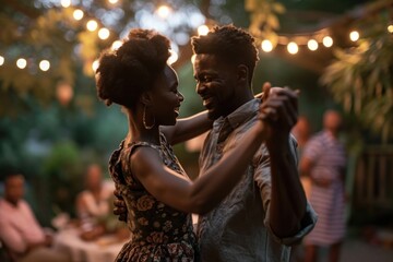 Canvas Print - Black couple dancing affectionate togetherness celebration.