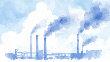 An industrial skyline with smokestacks emitting gray smoke against a soft blue background, illustrating pollution and environmental impact.