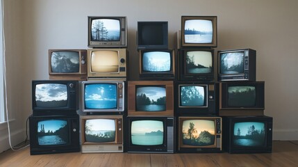 Vintage televisions displaying scenic landscapes, stacked arrangement, nostalgic vibe