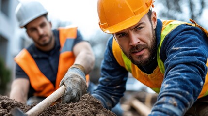 Two construction workers are intensely laboring on the ground within a construction zone, demonstrating physical strength and teamwork, surrounded by urban development.