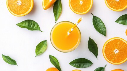 Poster - Fresh Orange Juice with Slices and Leaves