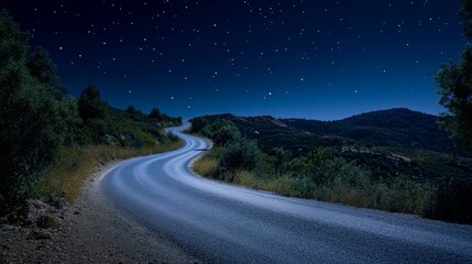 A winding road through a serene landscape under a starry night sky.