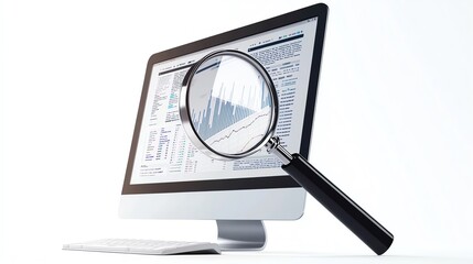 Wall Mural - Magnifying glass over computer screen displaying financial data and analysis.