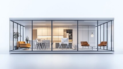 Modern glass house interior with stylish furniture and plants, white isolated background.