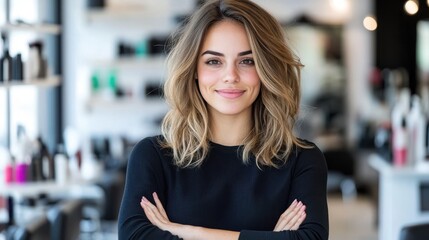 A cheerful woman stands confidently in a modern salon with her arms crossed, showcasing her stylish wavy hair, wearing a black top in a bright atmosphere.