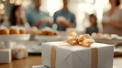 This elegant white gift box adorned with a golden ribbon is centrally placed, exuding an air of sophistication during an intimate get-together event.