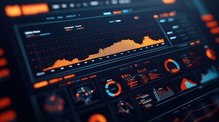 A vibrant digital interface displaying data visualizations, including graphs and charts, in a sleek, futuristic design with orange and blue tones.