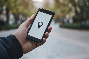Poster - A male hand grasps a mobile phone showing a location pin while strolling along a pathway in a serene park environment. Generative AI
