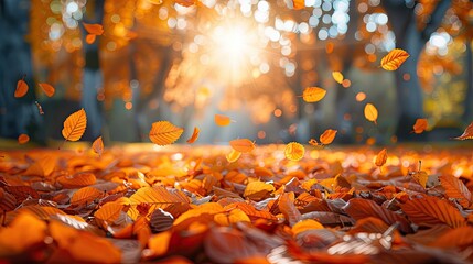 Wall Mural - orange fall leaves in park, sunny autumn natural background