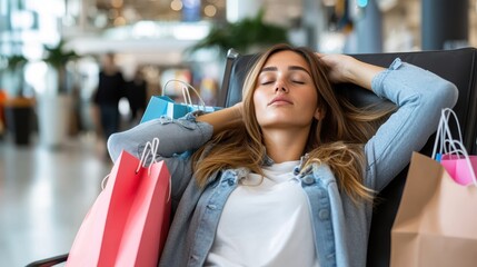 A woman leans back in a comfy chair, surrounded by numerous shopping bags, basking in the well-earned satisfaction and delight after an intense retail therapy session.