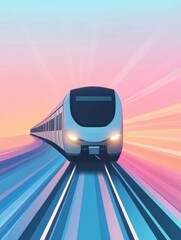 Poster - A stylized train moves effortlessly along its tracks, with a beautiful gradient sky reflecting the morning light around it. Generative AI