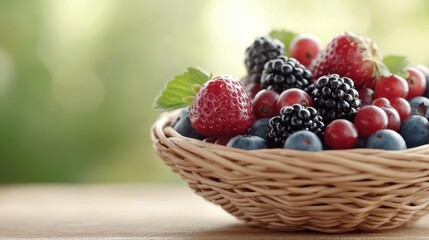 A wicker basket filled with strawberries, blackberries, blueberries, and other fresh berries, sitting on a wooden table against a blurred natural background.