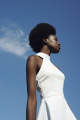 Wall Mural - A black teenage woman wearing minimal white dress fashion photography portrait.