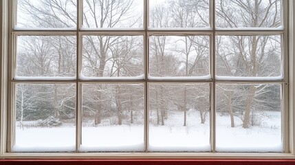 Looking through a vintage cabin window reveals a breathtaking winter landscape with snow-laden trees and distant mountains under clear skies