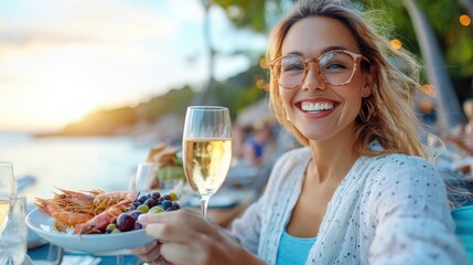 A woman in glasses holds a plate of seafood and a glass of wine, smiling broadly at a seaside restaurant, capturing the essence of a perfect seaside meal experience.