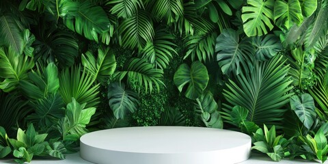 Tropical Jungle Product Display with Green Leaves and Wooden Platform